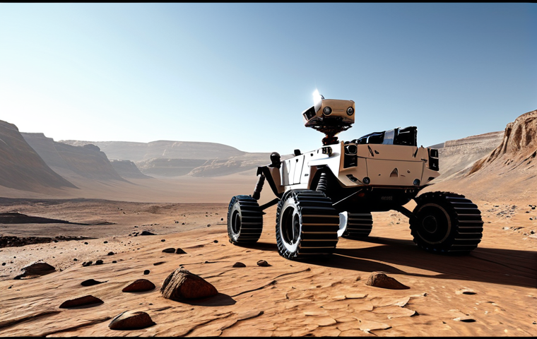 **

A futuristic scene depicting Curiosity rover exploring the Gale Crater on Mars. Focus on the rover examining a rock formation. The landscape should show evidence of an ancient lakebed.  Fully clothed, appropriate content, safe for work, perfect anatomy, natural proportions, professional photography, high quality.

**