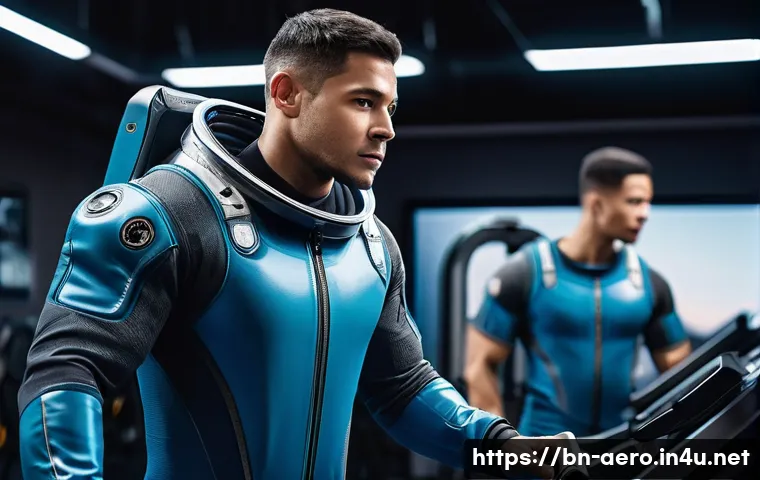 우주 비행사 훈련 과정 - An astronaut in a high-tech training facility performing strength and endurance exercises, including...