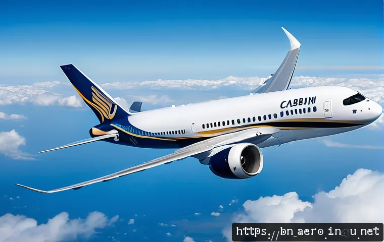 차세대 항공기 기술 동향 - A cutting-edge commercial aircraft flying smoothly above the clouds, constructed with lightweight ca...