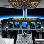 AI 기반 항공 관제 시스템 - A futuristic airplane cockpit interior showing an advanced AI-assisted pilot system with multiple di...