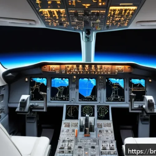 AI 기반 항공 관제 시스템 - A futuristic airplane cockpit interior showing an advanced AI-assisted pilot system with multiple di...
