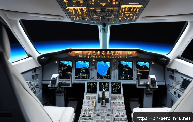 AI 기반 항공 관제 시스템 - A futuristic airplane cockpit interior showing an advanced AI-assisted pilot system with multiple di...