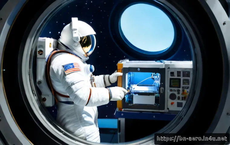 우주에서의 3D 프린팅 - Photorealistic interior of an orbital space station, astronaut in a full protective flight suit moni...